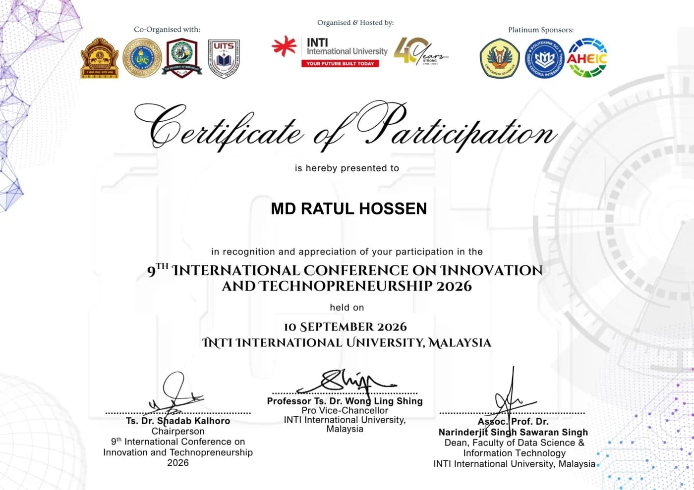 ICIT 2026 certificate of participation