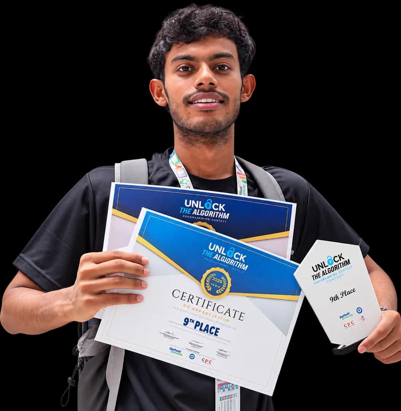 MD RATUL HOSSEN holding the 9th place certificate and trophy at Unlock The Algorithm
